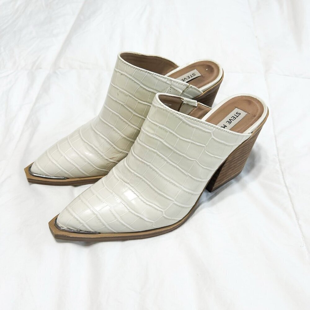 Steve Madden Alanna Mule Heels Croc Embossed Ivory Block Heel Mules 8M EUC